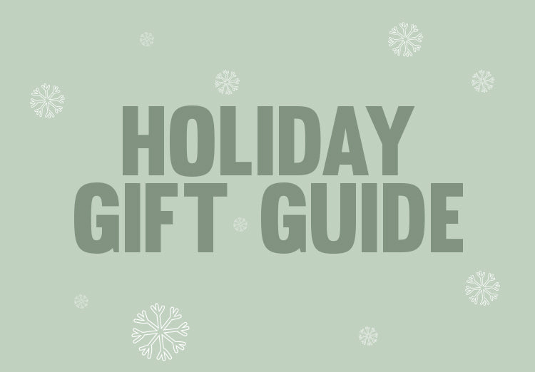 Text 'HOLIDAY GIFT GUIDE' on a light green background with snowflake decorations